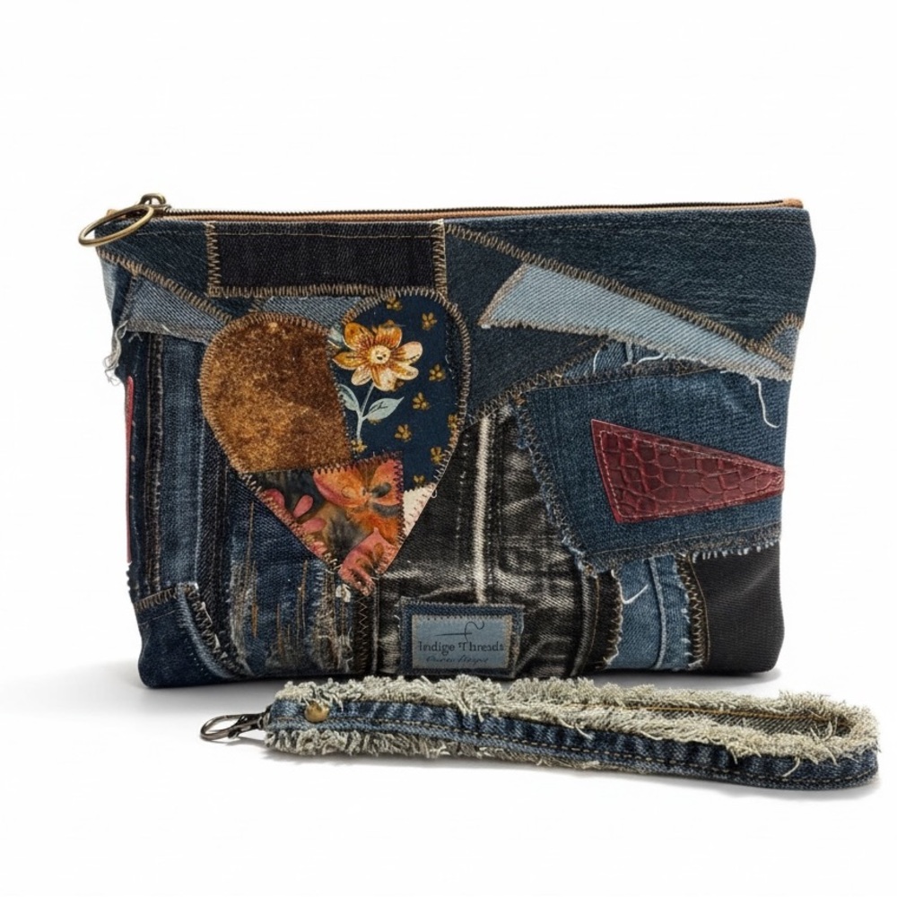 Handmade Upcycled Denim Patchwork Clutch – Boho Wristlet Bag with Detachable